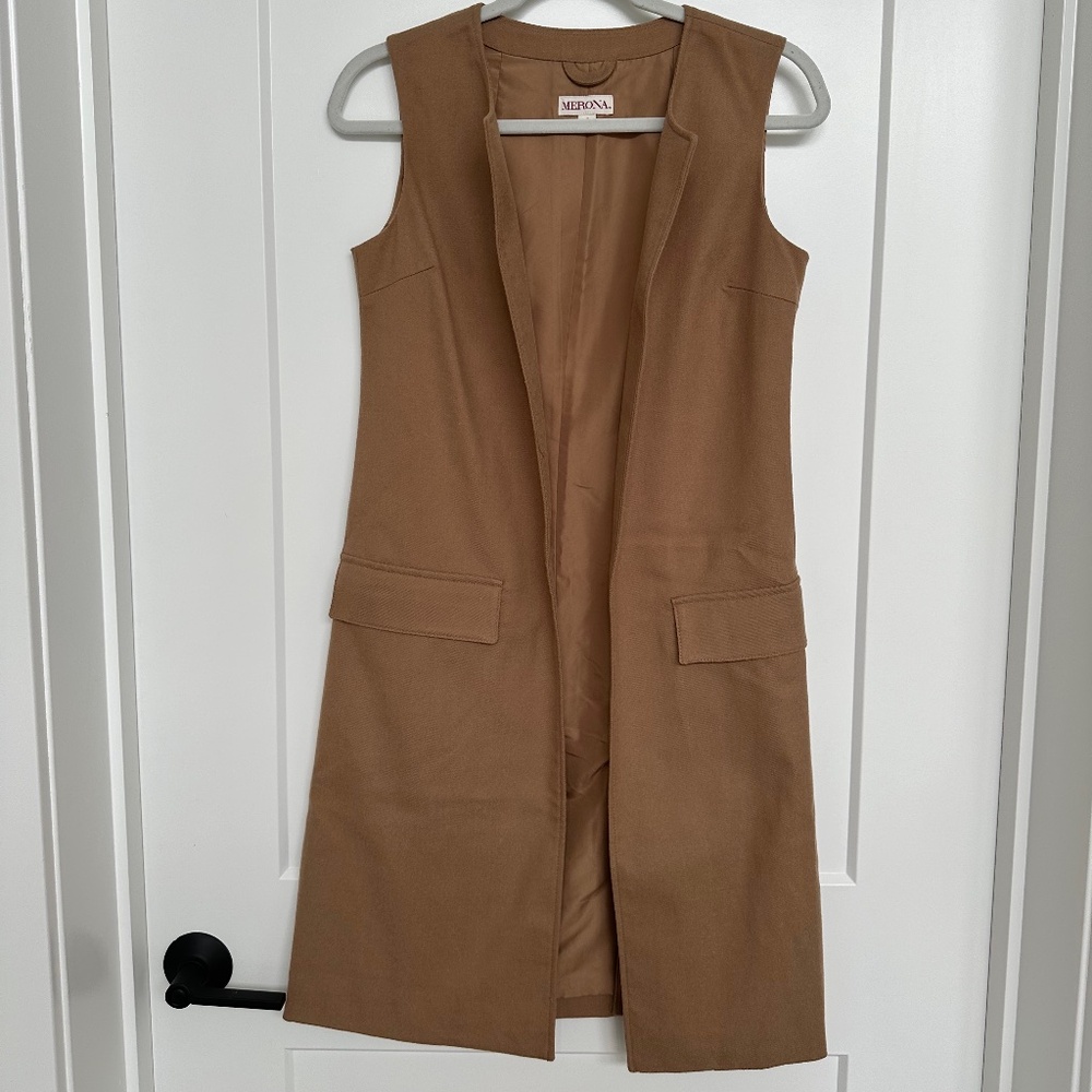 Merona Cognac Wool Long Kimono Duster Sleeveless Trenchcoat Jacket